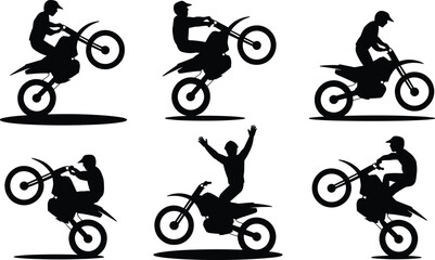 Obraz premium Motocross rider performing wheelie silhouette set, dirt bike stunt action collection, extreme sport isolated on white background