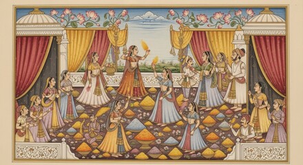 Fototapeta premium Traditional Indian Pichwai Holi Festival Artwork with Floral Color Motifs