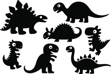 Whimsical cartoon dinosaur silhouettes featuring playful prehistoric creatures with spikes, tails, and exaggerated shapes, designed for children’s educational projects, decorative artwork © Khairun