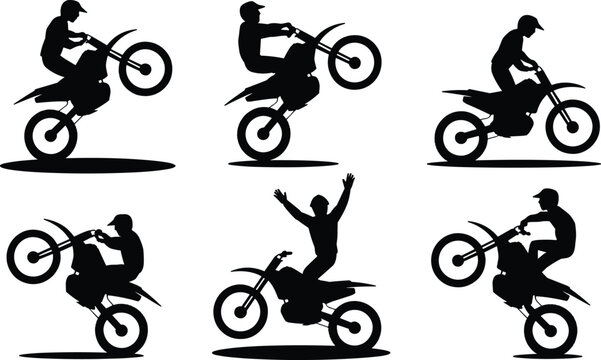 Motocross rider performing wheelie silhouette set, dirt bike stunt action collection, extreme sport isolated on white background