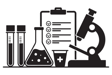 Obraz premium Medical laboratory equipment with test tubes, flask, microscope, and clipboard. Healthcare science research tools for analysis