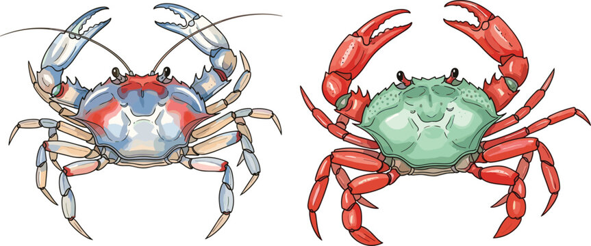 Marine vector illustration set featuring blue and red crabs with detailed shells and claws for seafood restaurant menus ocean life education and coastal designs