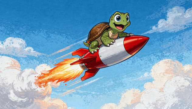 Little cartoon turtle ride a fast flying red rocket in a blue sky