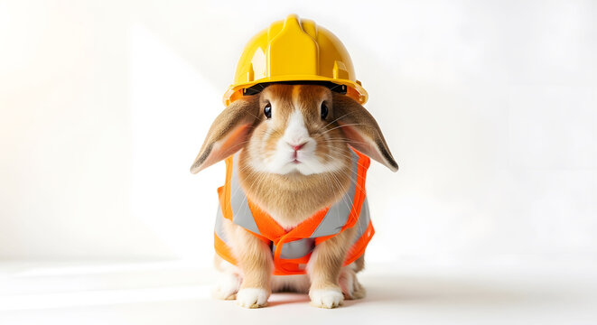 Labor day tribute adorable bunny in hard hat and safety vest