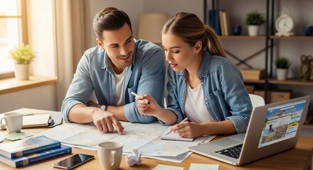Fototapeta premium Young Couple Planning Together at Home Office.