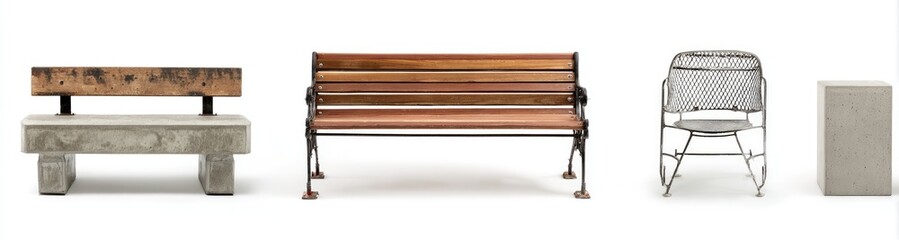 A concrete and wood bench, wooden slatted bench, metal chair and concrete block
