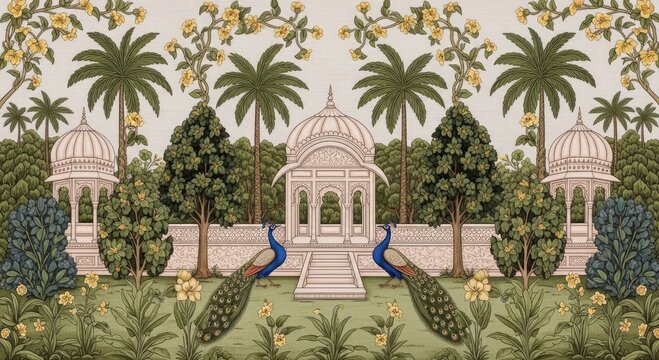 Traditional Hindu Peacock Temple Textile. Generation Ai