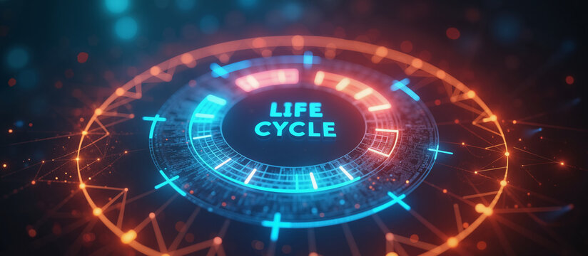 Futuristic HUD Interface Displaying Life Cycle Concept on Abstract Digital Background