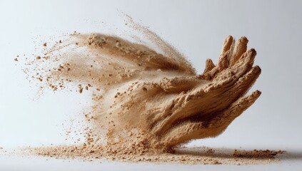Brown powder erupts from cupped hands against a neutral backdrop, capturing movement