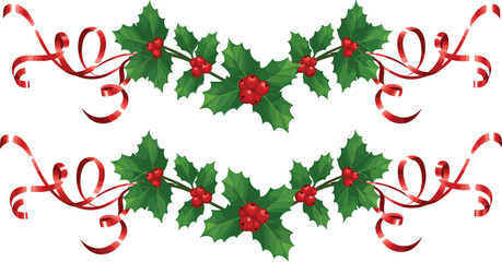 Christmas holly decoration set with red berries and ribbon festive holiday garland elements © EdGe Creative