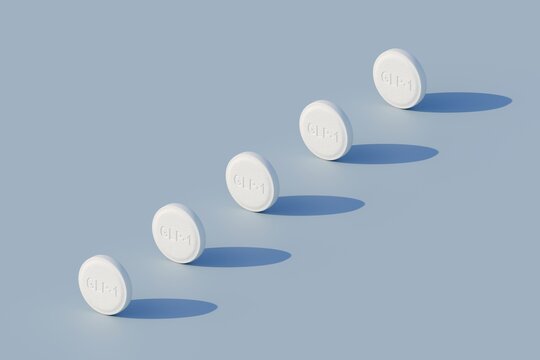 GLP-1 weighloss pills - five pills in a row on blue background with harsh lighting - orthographic perspective