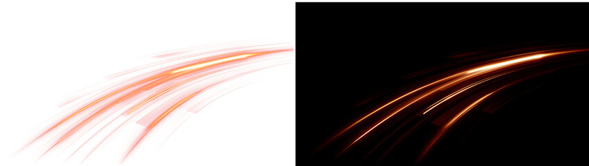 Obraz premium Glowing orange-red speed trails with dynamic motion blur and curved streaks. Delivered in two versions: transparent PNG overlay and black background, ideal for VFX, action banners, gaming HUD