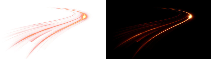 Red Orange Curved Speed Light Trail, Glowing Motion Streak Overlay (Transparent PNG and Black Background) © SERHII
