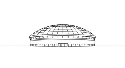 Dome Stadium Single Continuous Line Icon, Minimal Arena Building Outline with Entry