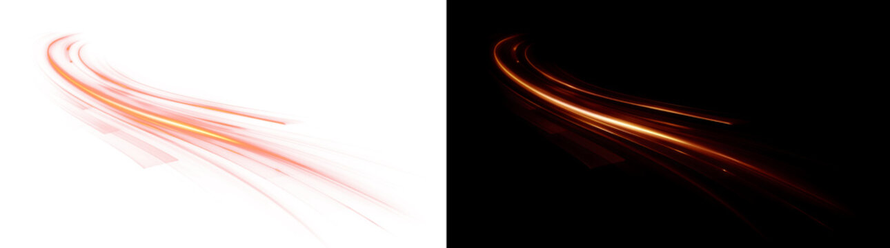 Red Orange Curved Speed Light Trail, Glowing Motion Streak Overlay (Transparent PNG and Black Background)
