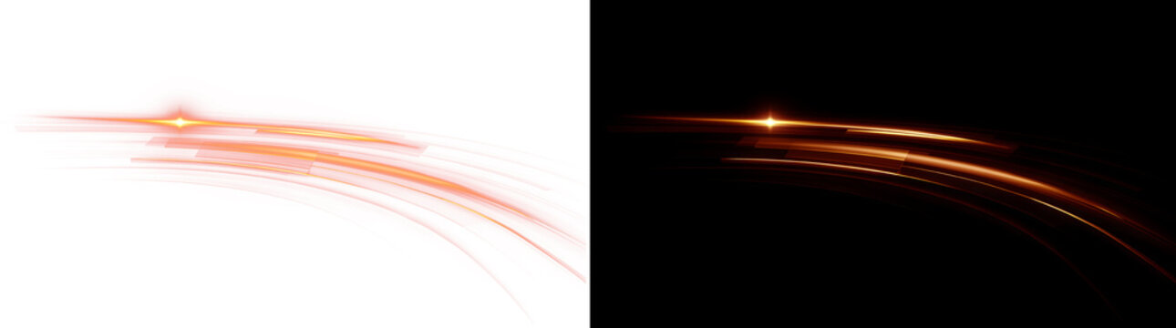 Red Orange Curved Speed Light Trail, Glowing Motion Streak Overlay (Transparent PNG and Black Background)