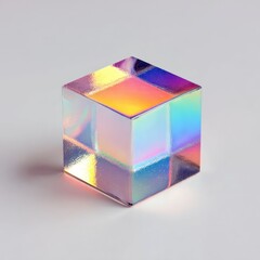Fototapeta premium A transparent cube prism refracts light, creating colorful reflections on a light background