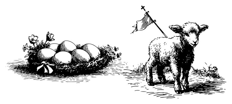 Hand drawn vintage illustrations of Easter eggs in a nest and the sacrificial lamb of god symbol