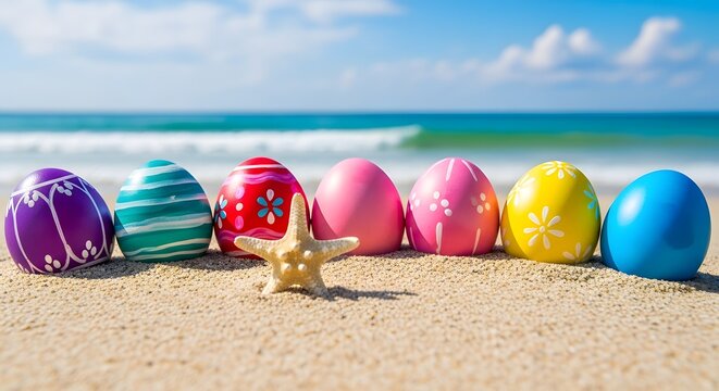 Colorful easter eggs and starfish on a sunny beach