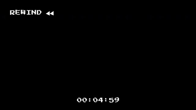 Analog television showing VHS rewind animation, with REWIND text, static interference, glitch effects, and screen artifacts on a transparent background. 4K video
