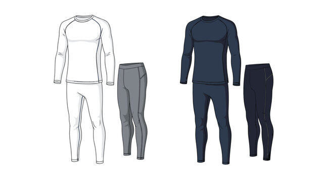 Two sets of thermal base layers including long-sleeved shirts and leggings in white and dark blue for winter sports and outdoor use.