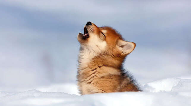 Young wolf pup howls joyfully in snowy landscape, capturing essence of wilderness and nature beauty