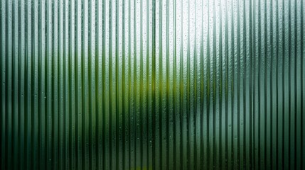 Naklejka premium Close up view of condensation and rain drops on a textured glass pane with tropical plants blurred in the background.