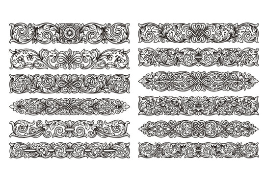 Vintage Engraved Baroque Frieze Divider Set - Black Vector Horizontal Floral and Knot Borders Isolated on White