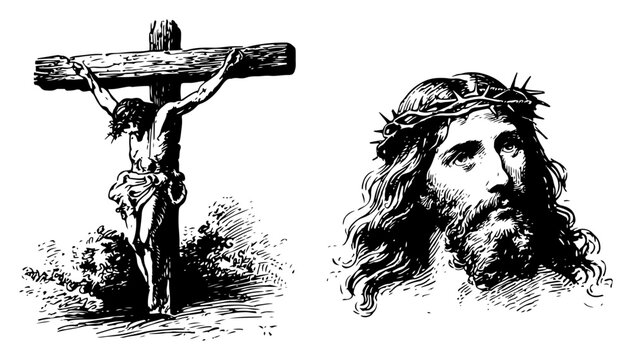 Vintage illustrations of the crucifixion of Jesus and a portrait with crown of thorns