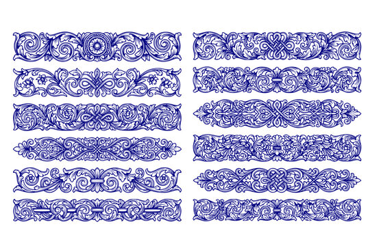 Vintage Engraved Baroque Frieze Divider Set - Black Vector Horizontal Floral and Knot Borders Isolated on White