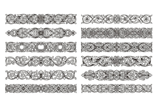 Vintage Engraved Baroque Frieze Divider Set - Black Vector Horizontal Floral and Knot Borders Isolated on White