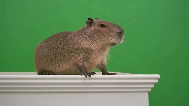 Capybara sits on white Crown molding in front of a green screen, looking around.