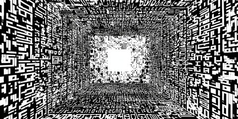 A tunnel receding into the distance, formed of complex, black & white patterns, leading to light