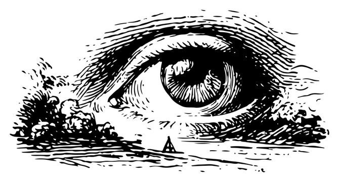 Surreal vintage engraving of a giant human eye watching over the horizon