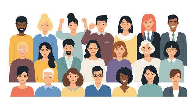 Wide variety of diverse men and women of different ages and ethnicities standing together in three rows smiling.