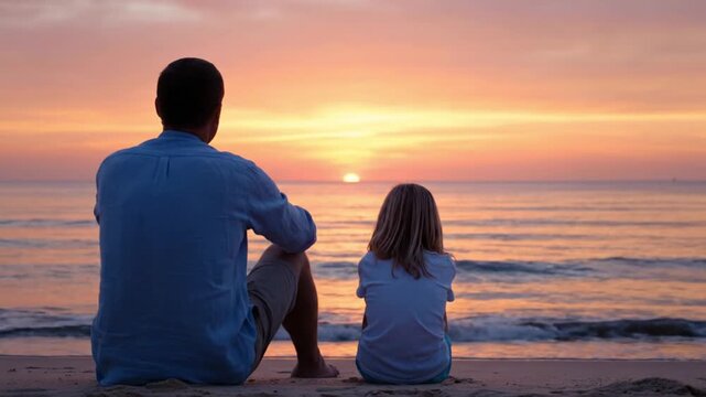 Wide frame of father and child sitting side by side facing ocean during sunset, no movement, only subtle breeze in clothing, long pause moment,