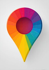A colorful, dimensional location marker with a rainbow color scheme, set against white