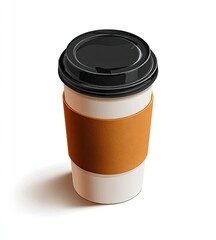 A takeaway coffee cup with a lid, sleeve, and shadow on a white background