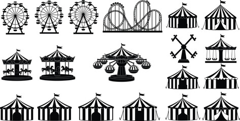 Silhouette illustration of amusement park attractions including Ferris wheels, roller coaster, carousels, swing rides, spinning rides, and circus tents in festive carnival theme design. © rehna
