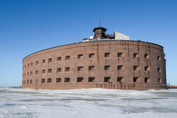 The ancient fort "Emperor Alexander I" (1845, Plague) on a sunny February day. Kronstadt, Russia