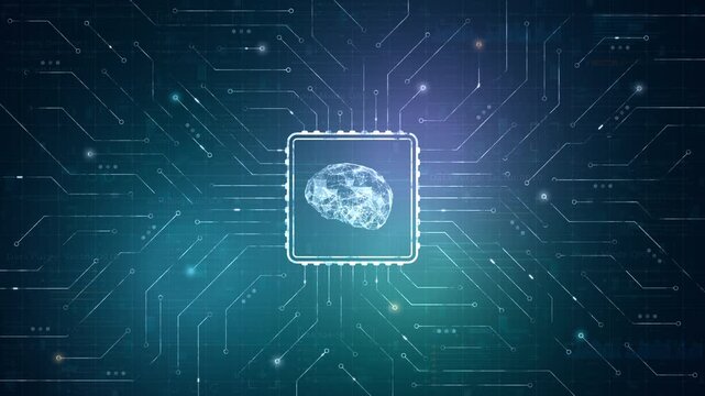 an artificial intelligence brain inside a microchip, featuring neural network connections and digital circuit board background for AI computing and machine learning technology promotion.