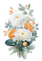 Watercolor floral arrangement with white peonies and orange chrysanthemums