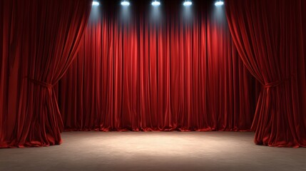 Stage and Curtains: A captivating scene featuring a grand red stage enveloped by opulent curtains, illuminated by spotlights, evoking a sense of anticipation and drama.