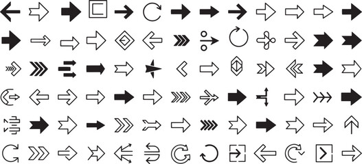 Naklejka premium Arrows set of 100 black icons. Arrow icon. Arrow vector collection. Arrow. Cursor. Modern simple arrows. Vector illustration.s. Vector illustration.