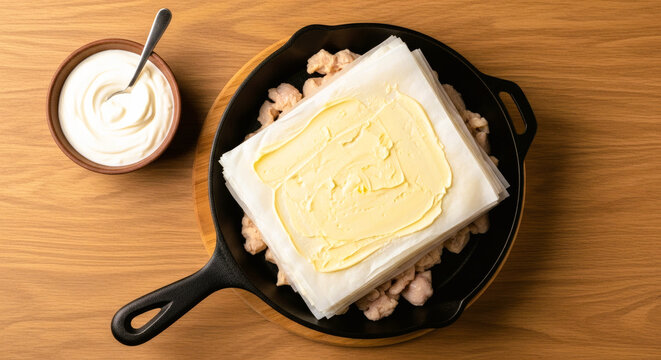  albanian flia ingredients, Savory casserole with chicken, butter, and creamy sauce in skillet  , local flavor