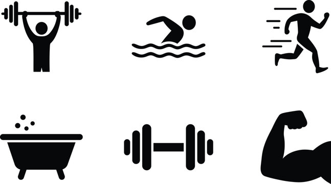 Collection of six black fitness and sports icons representing weightlifting swimming running bathing weightlifting and bodybuilding isolated on transparent background