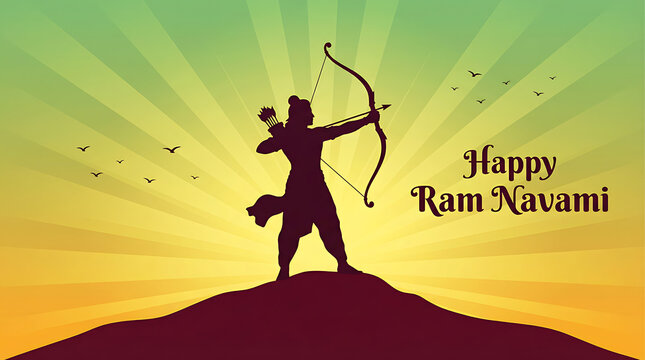Dark silhouette of rama on mountain for ram navami and rama puja during dussehra festival with sun rays and birds in the yellow sky background