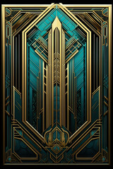 Futuristic art deco technology panel with glowing teal core and ornate golden geometric frame, perfect as a sci-fi card back or interface element © swillklitch