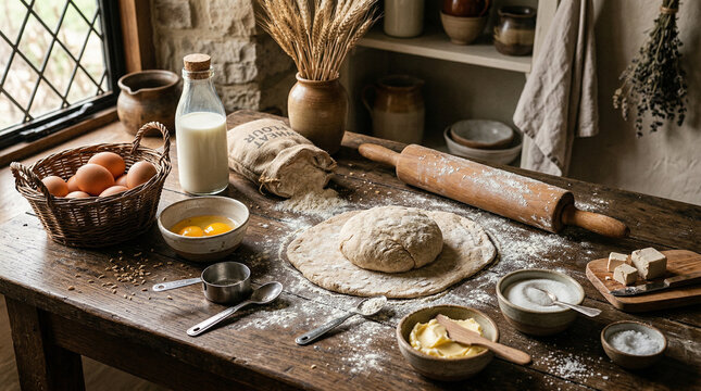 Homemade bread making ingredients on rustic wooden table