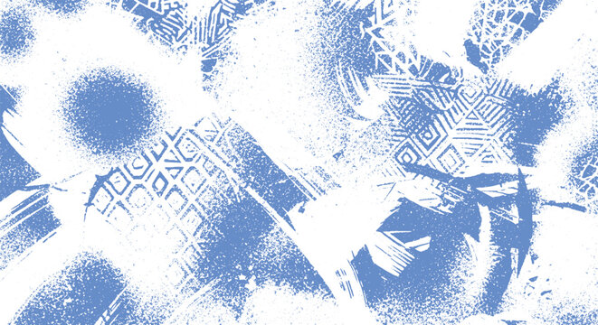 Abstract blue and white grunge background with distressed patterns and spray paint textures, evoking urban art and energy.
